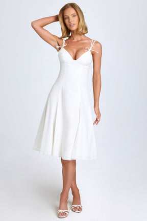 Bow-Detail A-Line Midi Dress in White