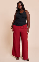 Plus Deep Red Floaty Woven Double Pleat Wide Leg Trousers
