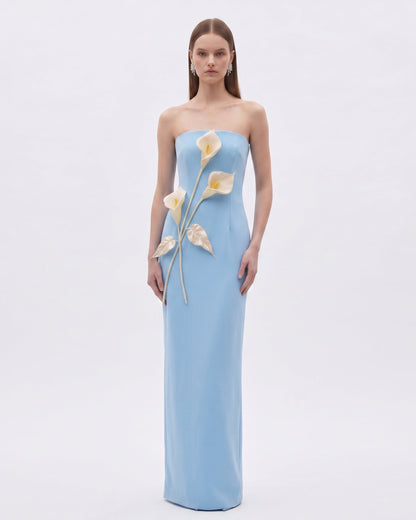 Floral Appliqué Strapless Dress - Cream Ivory