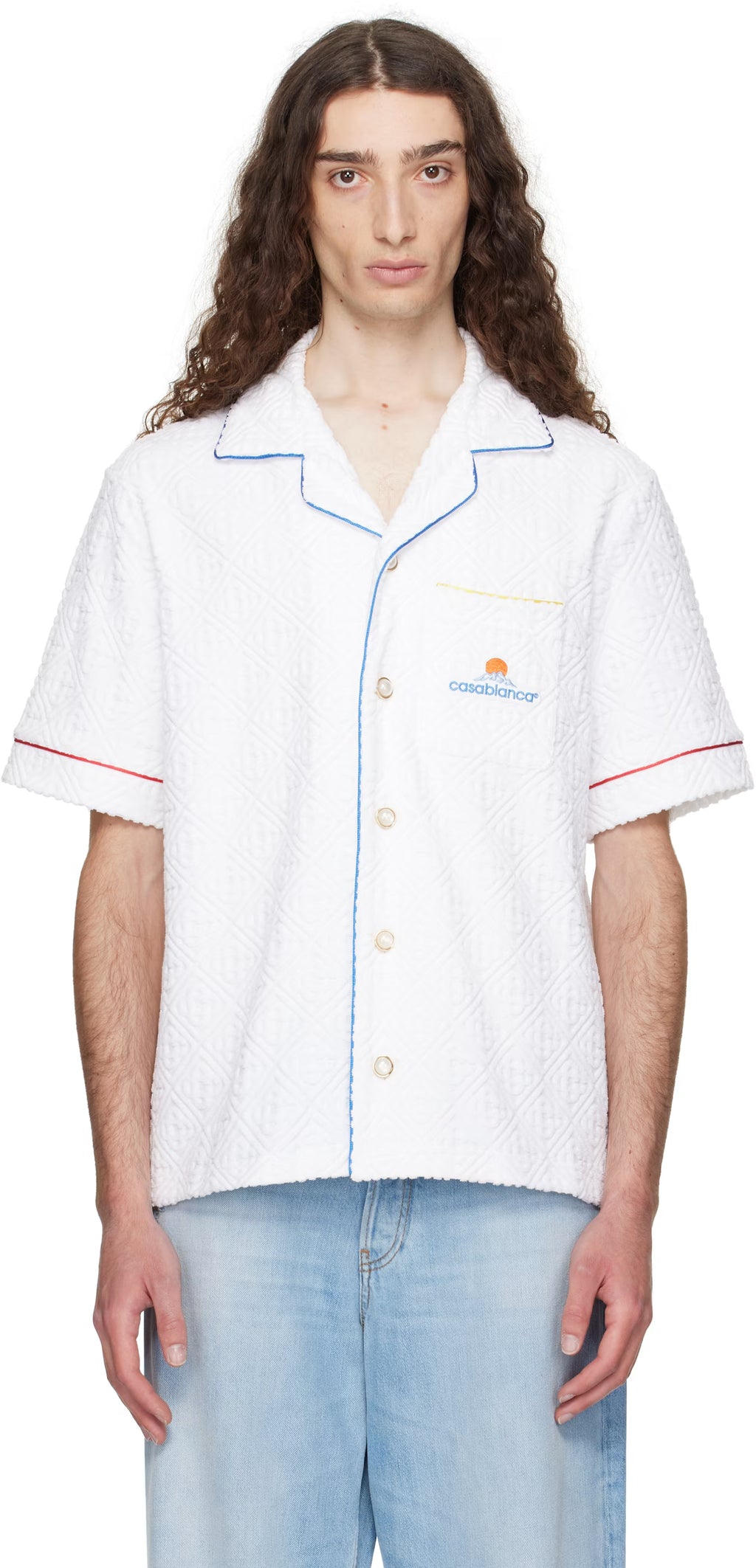 White Monogram Jacquard Towelling Short Sleeve Shirt