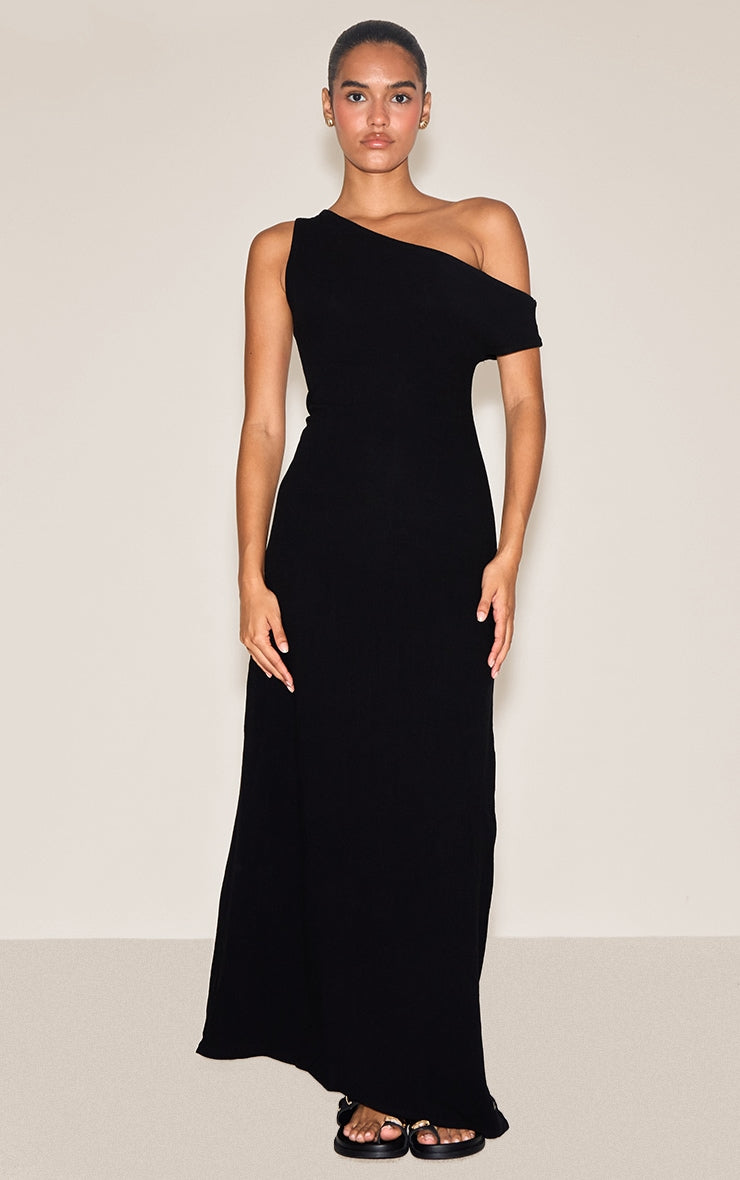 Black Textured Woven Asymmetric One Shoulder Maxi Dress
