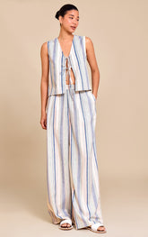 Pale Blue Linen Look Pinstripe Wide Leg Trousers
