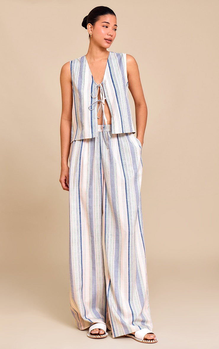 Pale Blue Linen Look Pinstripe Wide Leg Trousers