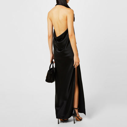Belted Satin Halter Neck Evening Maxi Dress
