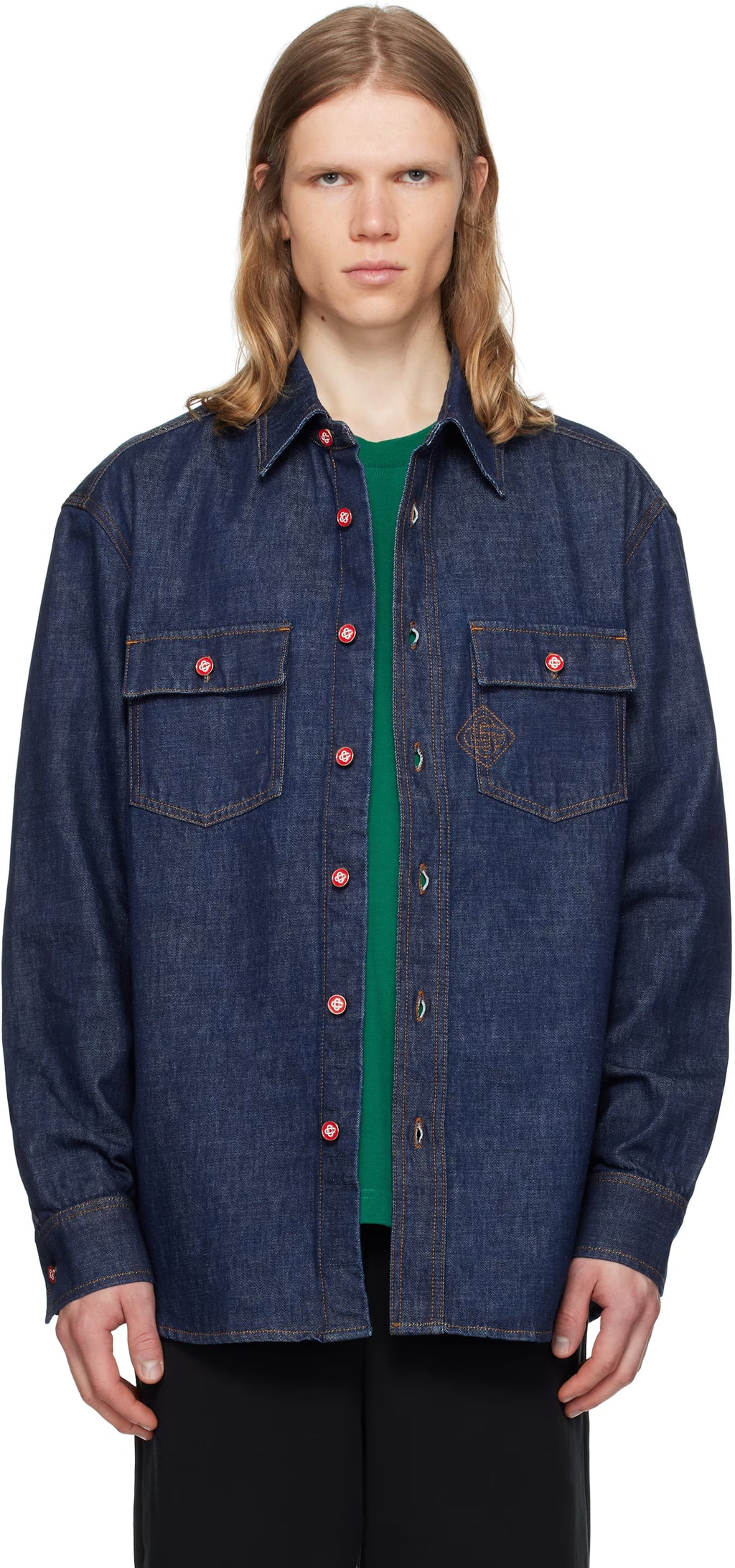 Navy Logo Embroidery Denim Shirt