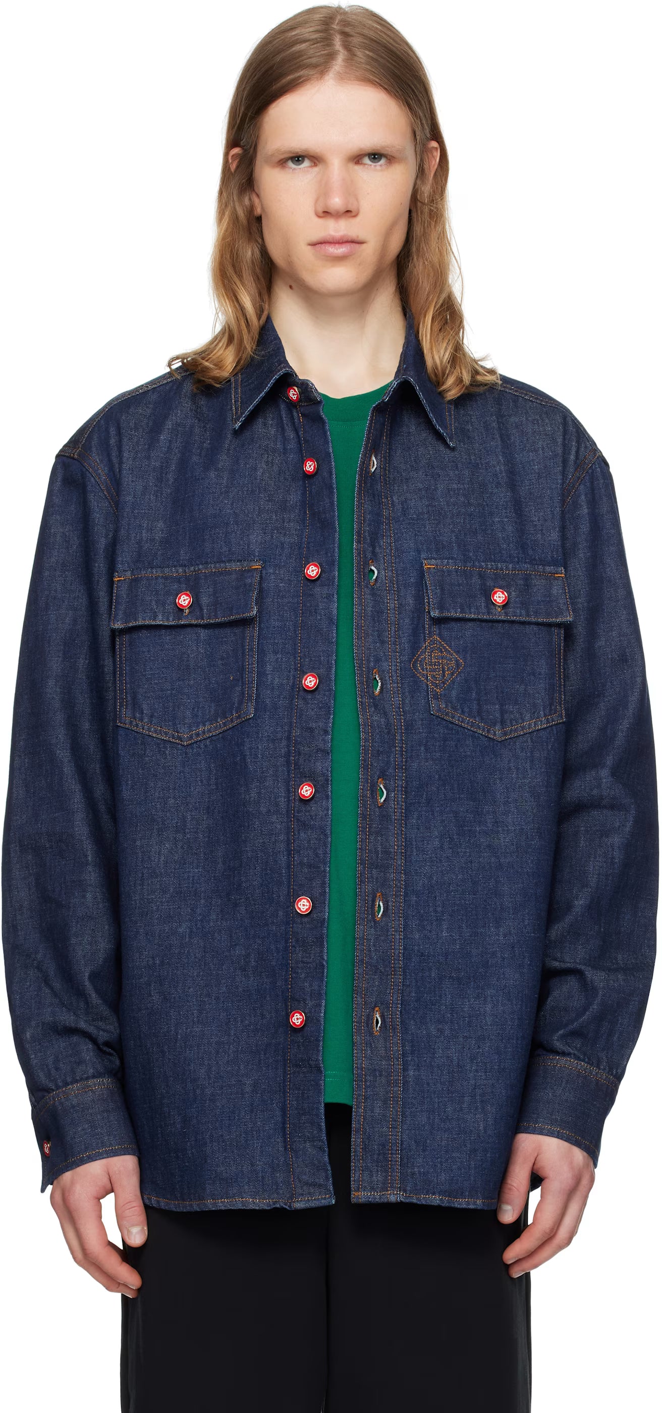 Navy Logo Embroidery Denim Shirt
