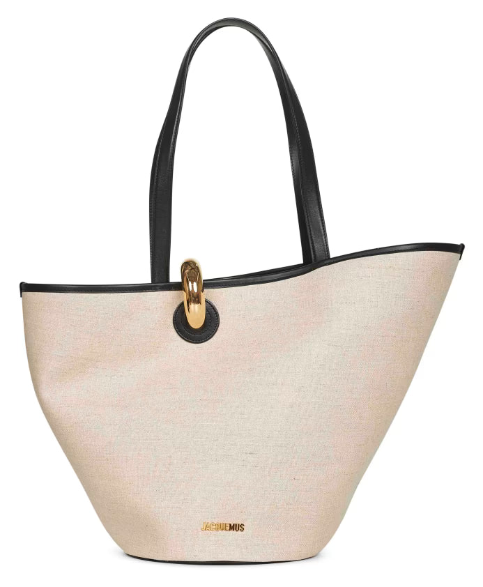 Greige Canvas Bucket Bag with Leather Trims