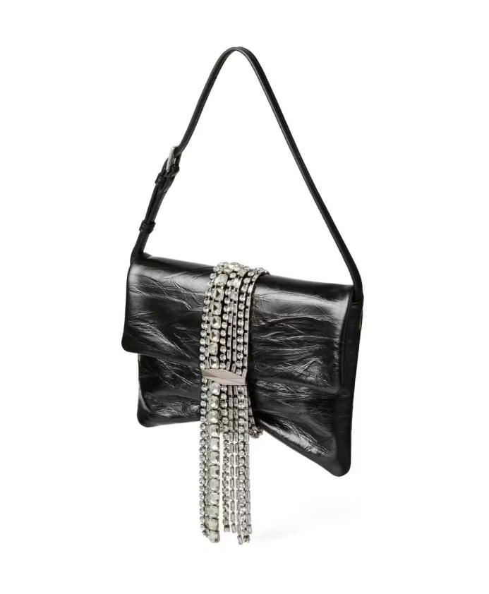 Vintage Leather Shoulder Bag with Crystals