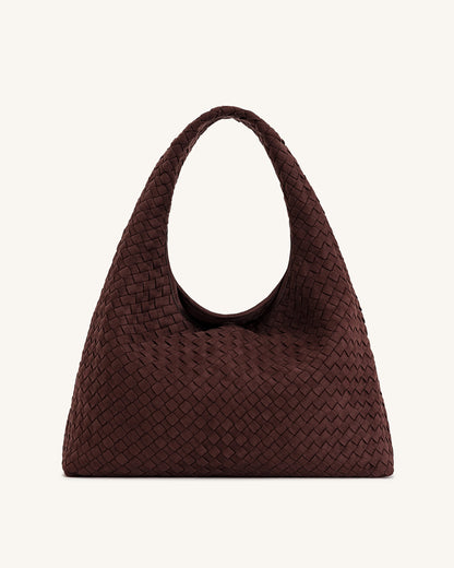 Laura Faux Suede Woven Shoulder Bag - Dark Brown