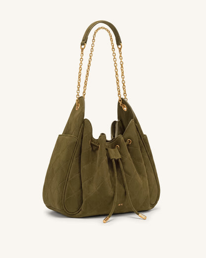 Rowan Faux Suede Quilted Chain Bucket Bag - Dark Brown