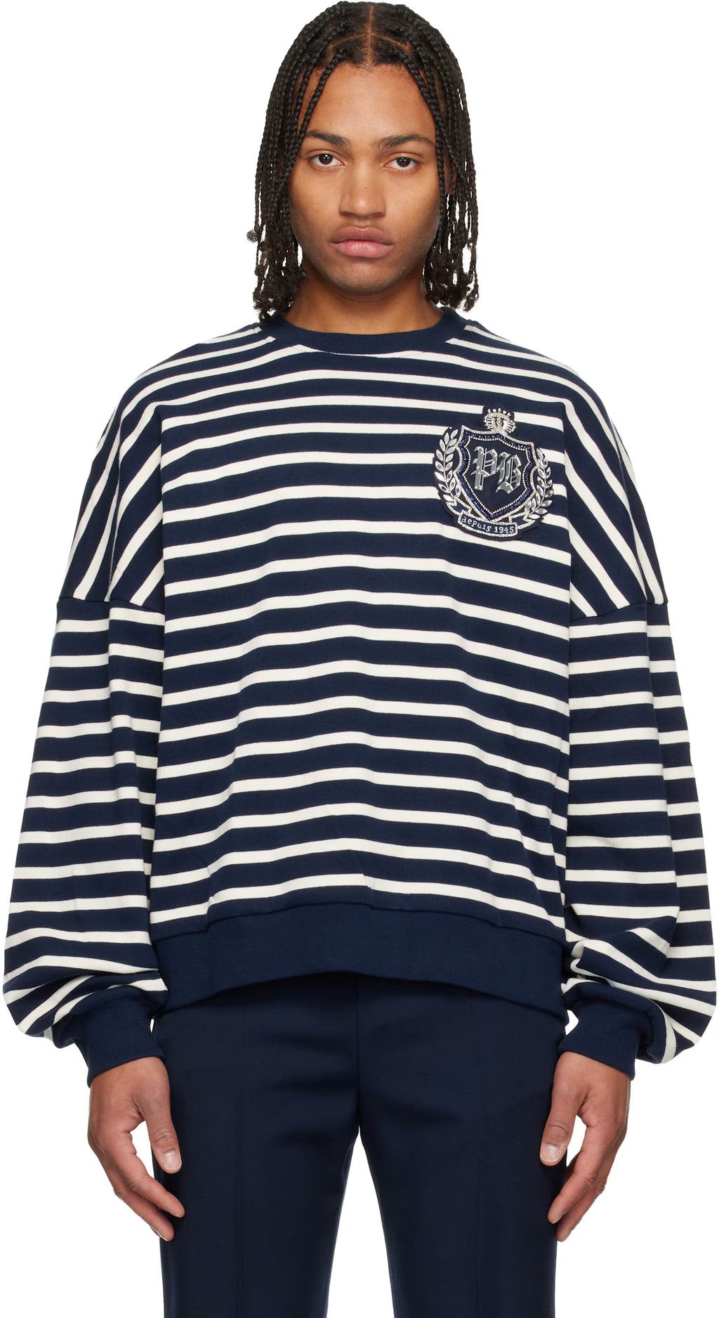 Navy & White Cotton College Emblem Breton Stripes Sweatshirt