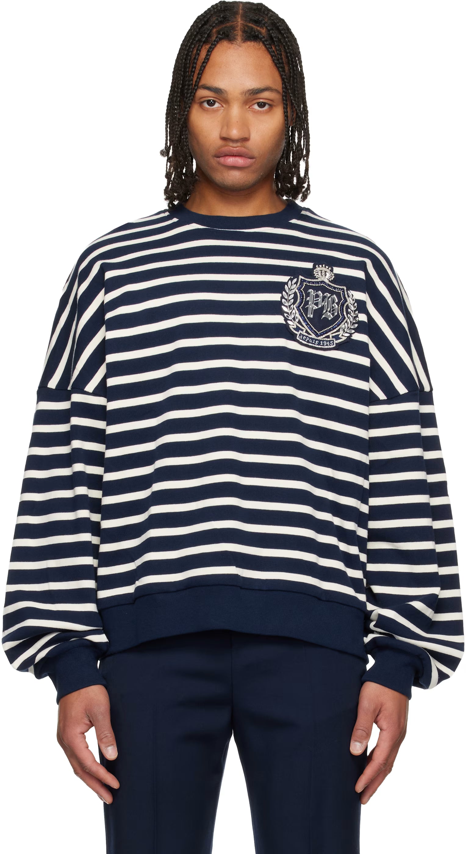 Navy & White Cotton College Emblem Breton Stripes Sweatshirt
