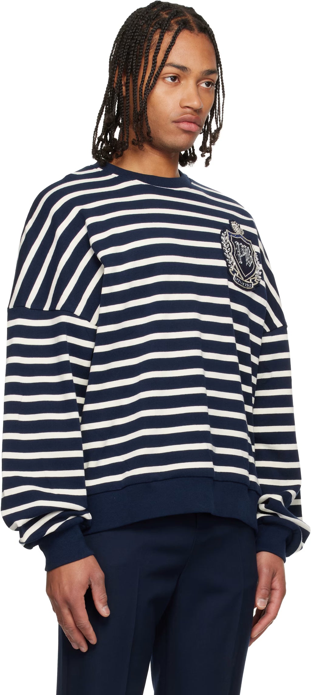 Navy & White Cotton College Emblem Breton Stripes Sweatshirt