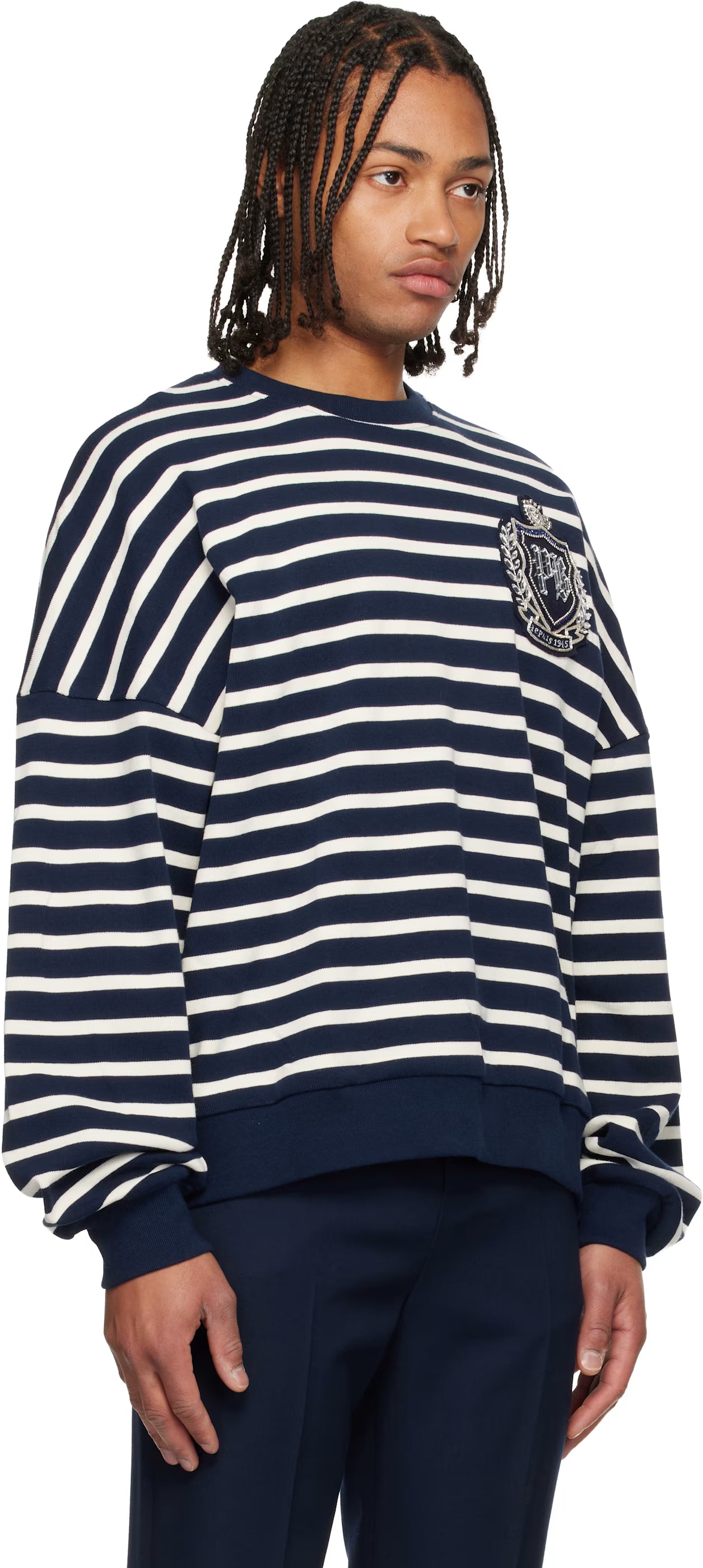 Navy & White Cotton College Emblem Breton Stripes Sweatshirt