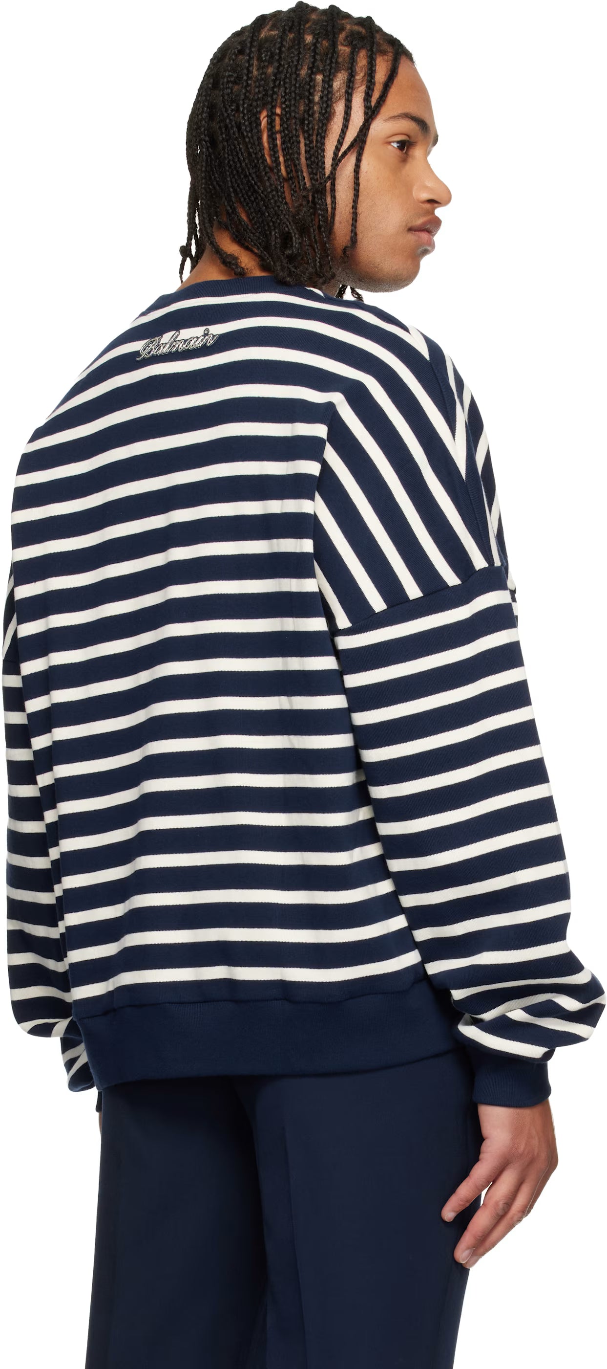 Navy & White Cotton College Emblem Breton Stripes Sweatshirt