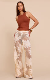 Beige Textured Flower Detail Wide Leg Trousers
