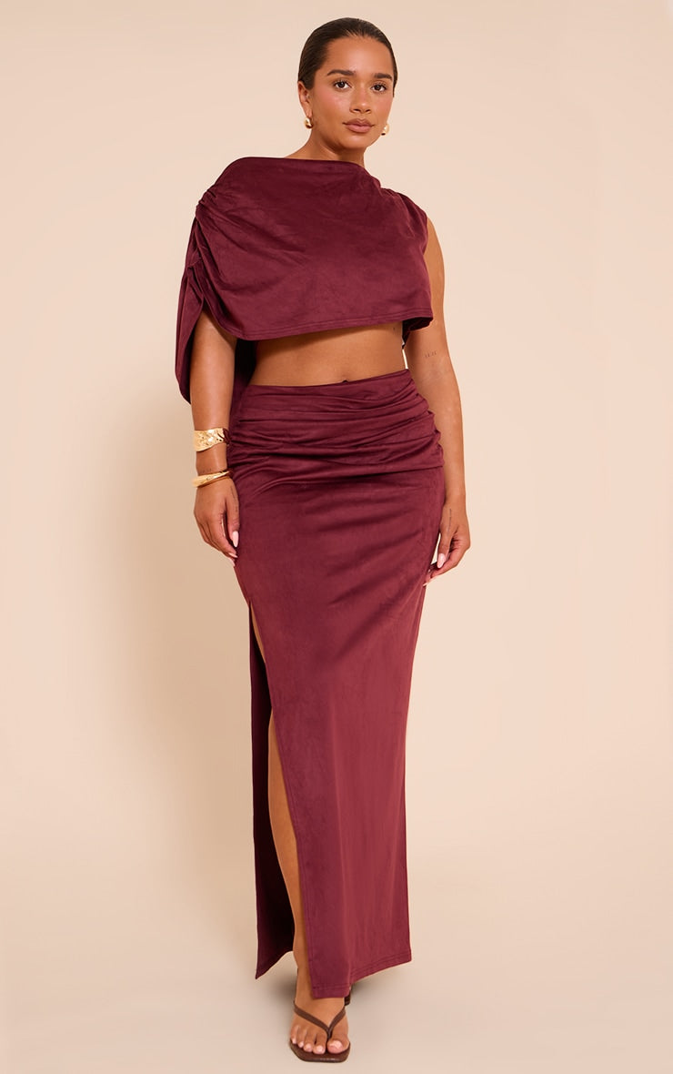Shape Wine Faux Suede Ruched Side Split Maxi Skirt