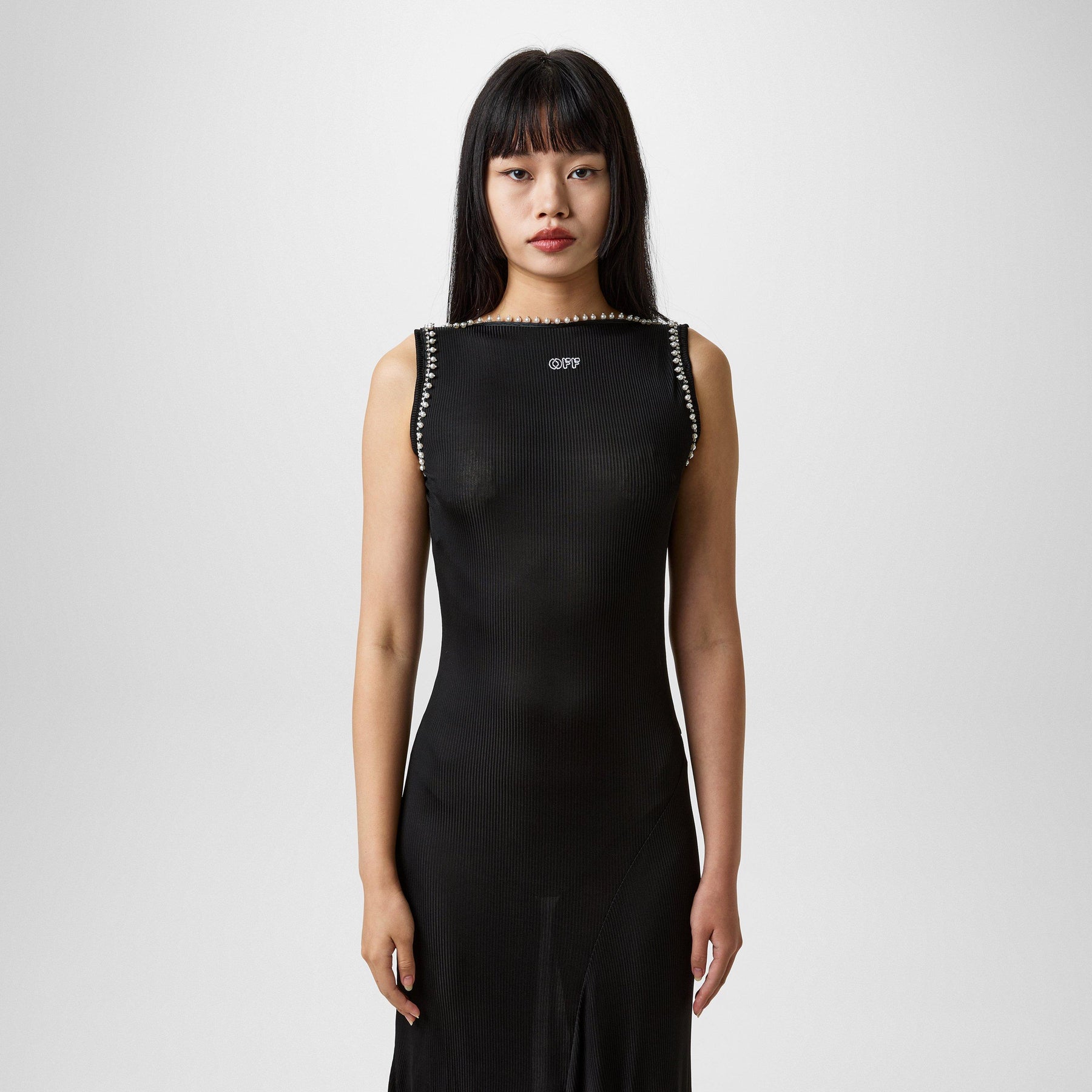 Women's  Ribbed Long Dress with Embroidered Logo & Embellishments