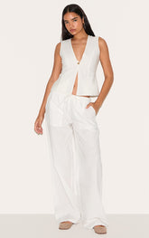 Tall White Linen Drawstring Waist Trousers