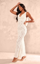 Cream Woven Textured Cowl Neck Maxi Dress