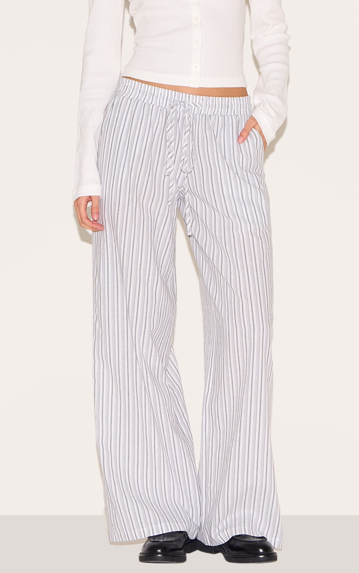 White Pinstripe Cotton Low Waisted Wide Leg Trousers