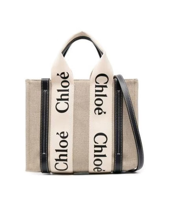 Linen/Leather Logo-Print Shoulder Bag