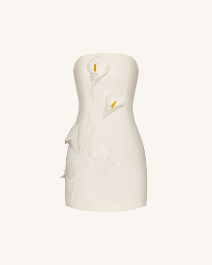Strapless Floral Appliqué Dress - White