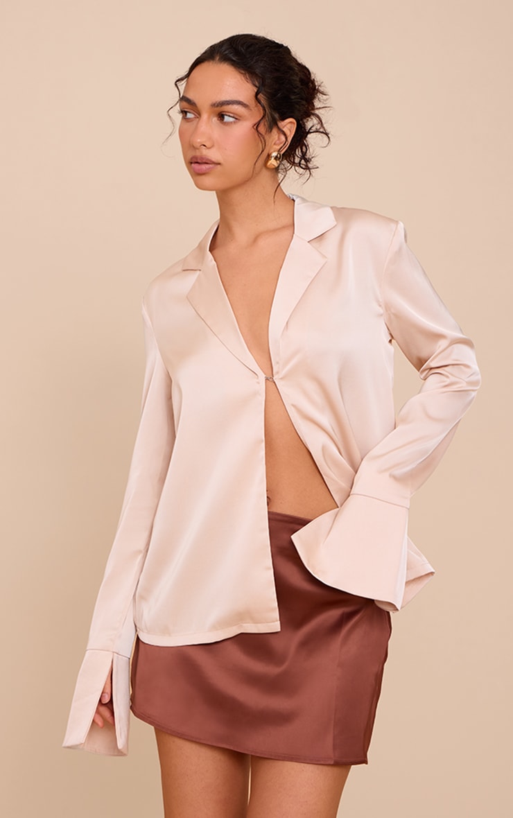 Champagne Satin Hook And Eye Detail Oversized Shirt