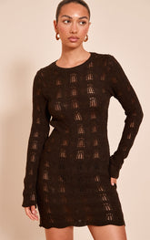 Chocolate Long Sleeve Backless Mini Dress