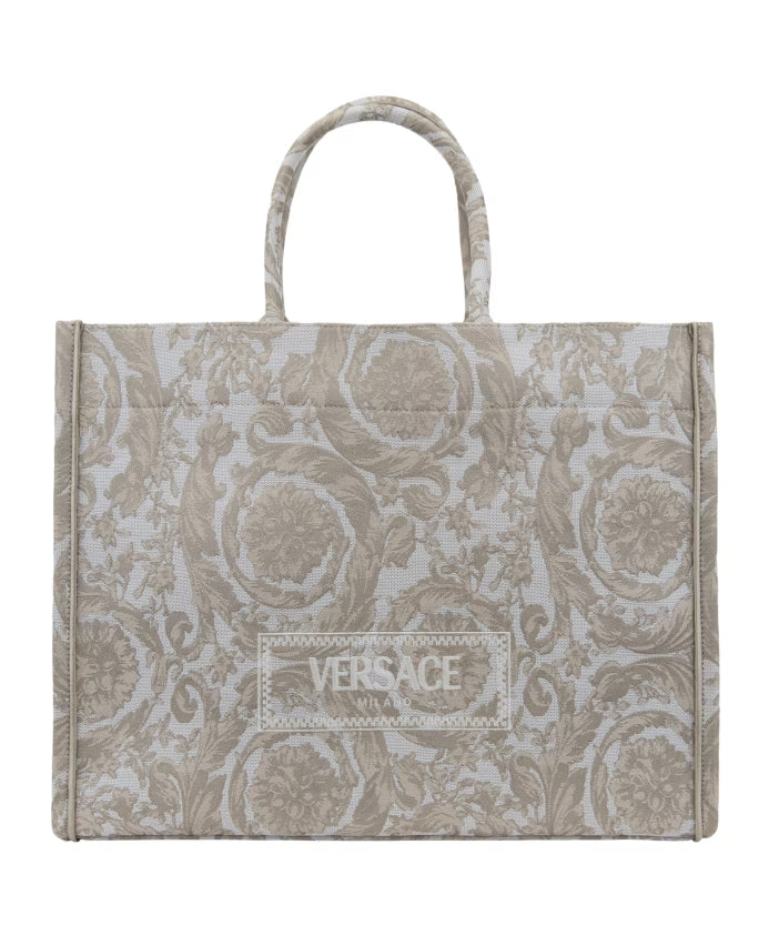 Patterned Fabric Handbag with Leather Trim