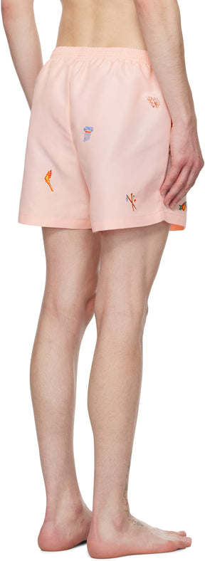 Pink Embroidered Motif Swim Shorts