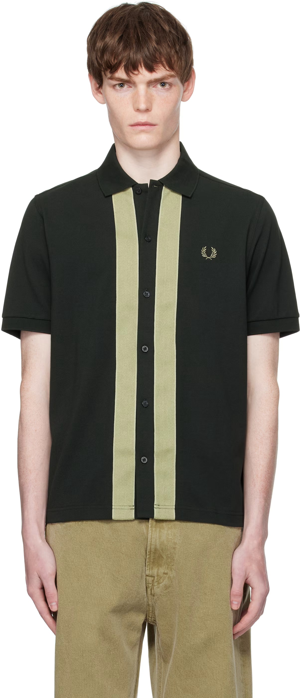 Green Chenille Tape Button Through Polo Shirt