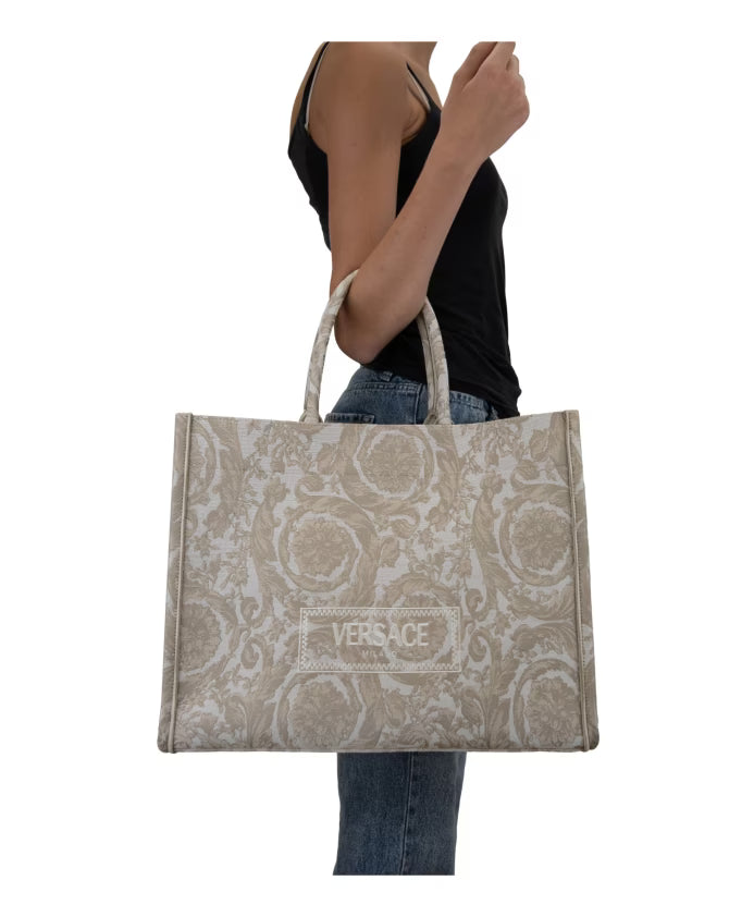Patterned Fabric Handbag with Leather Trim