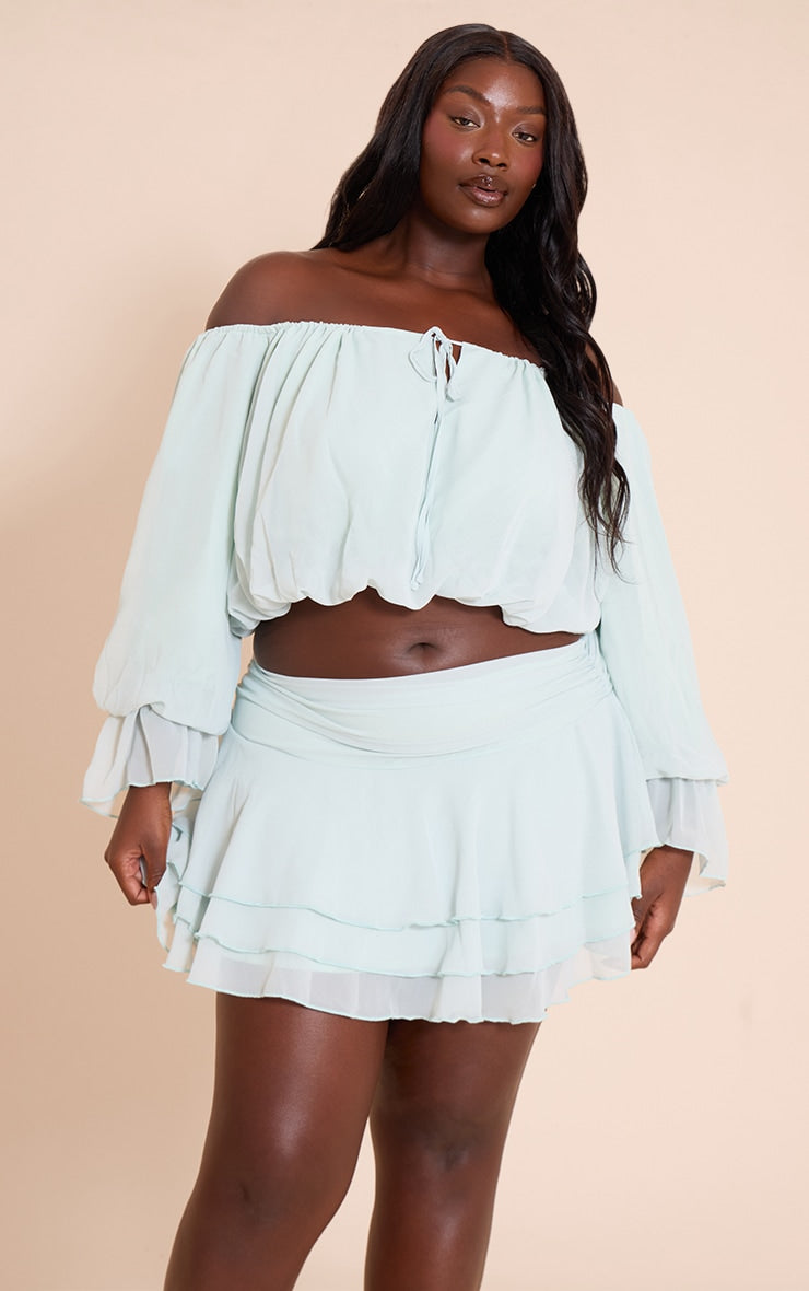 Plus Sage Chiffon Bardot Balloon Sleeve Top
