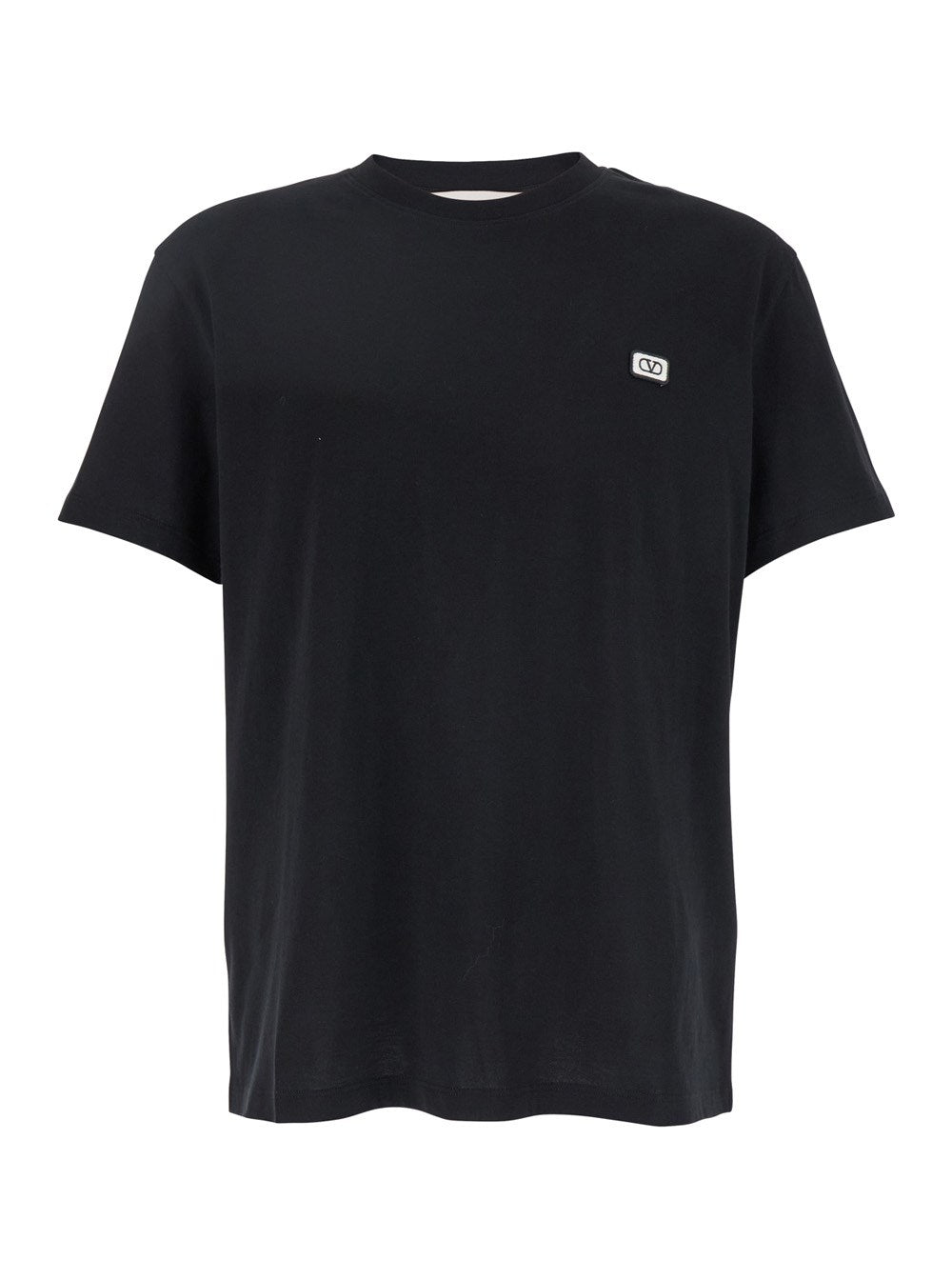 Valentino Black Crewneck T-Shirt with Logo Patch on the Front in Cotton Man