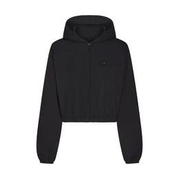 Woven Cotton Cropped Zip Up Jacket