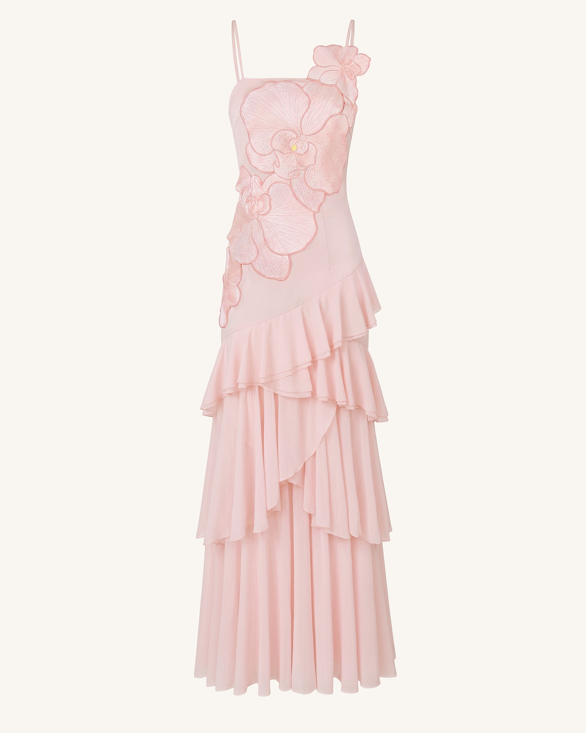 Orchid Embroidered Ruffled One-Shoulder Maxi Dress - Blush Pink