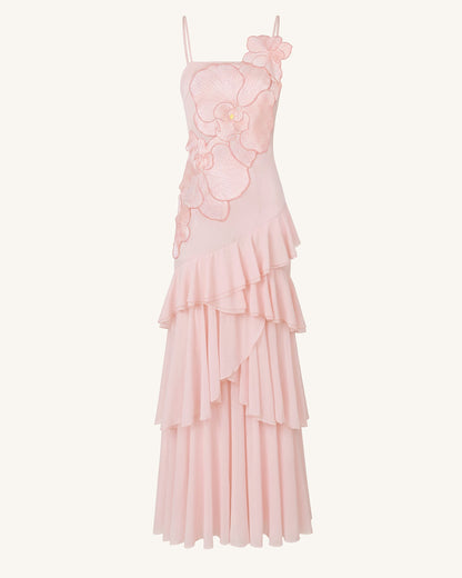 Orchid Embroidered Ruffled One-Shoulder Maxi Dress - Blush Pink
