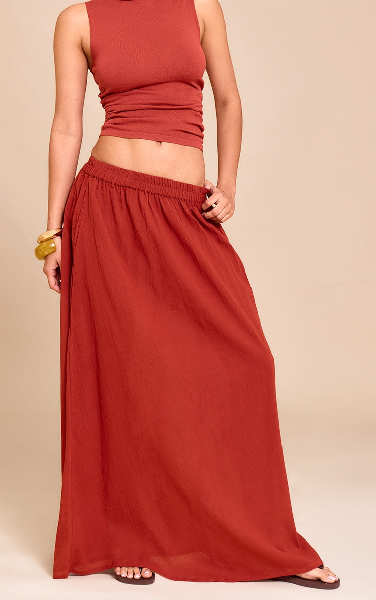Rust Cotton Cheesecloth Elasticated Waist Maxi Skirt