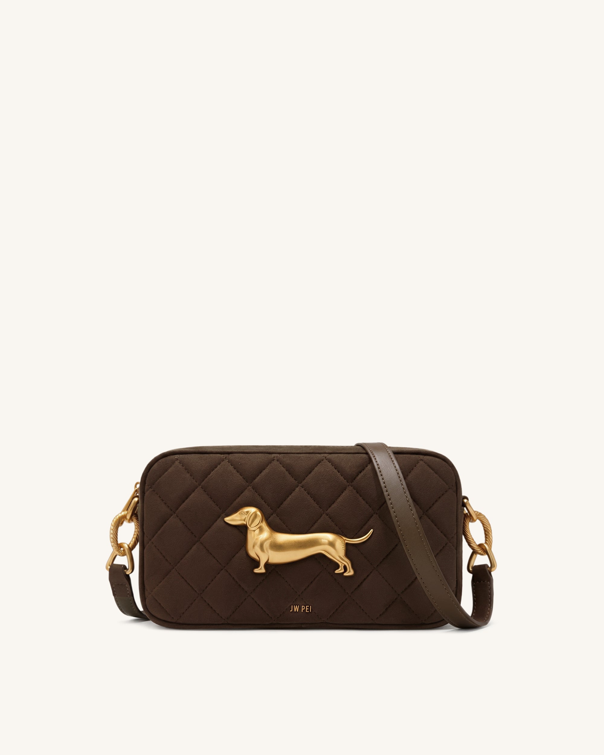 Riley Faux Suede Dachshund Quilted Shoulder Bag - Dark Brown