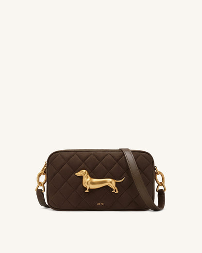 Riley Faux Suede Dachshund Quilted Shoulder Bag - Dark Brown