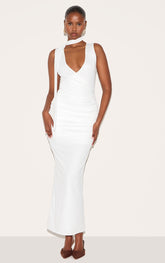 Cream Mesh V Neck Wrap Maxi Dress