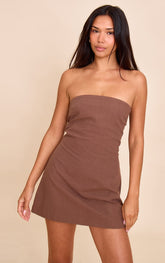 Brown Linen Look Bandeau Boxy Shift Dress