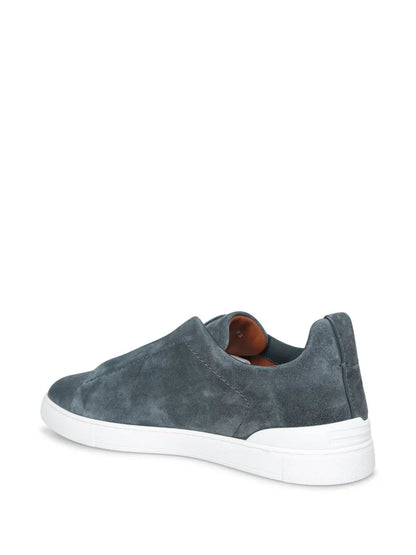 Zegna Men’s Teal Blue Suede Slip-On Sneakers – Triple Stitch Closure & White Rubber Sole