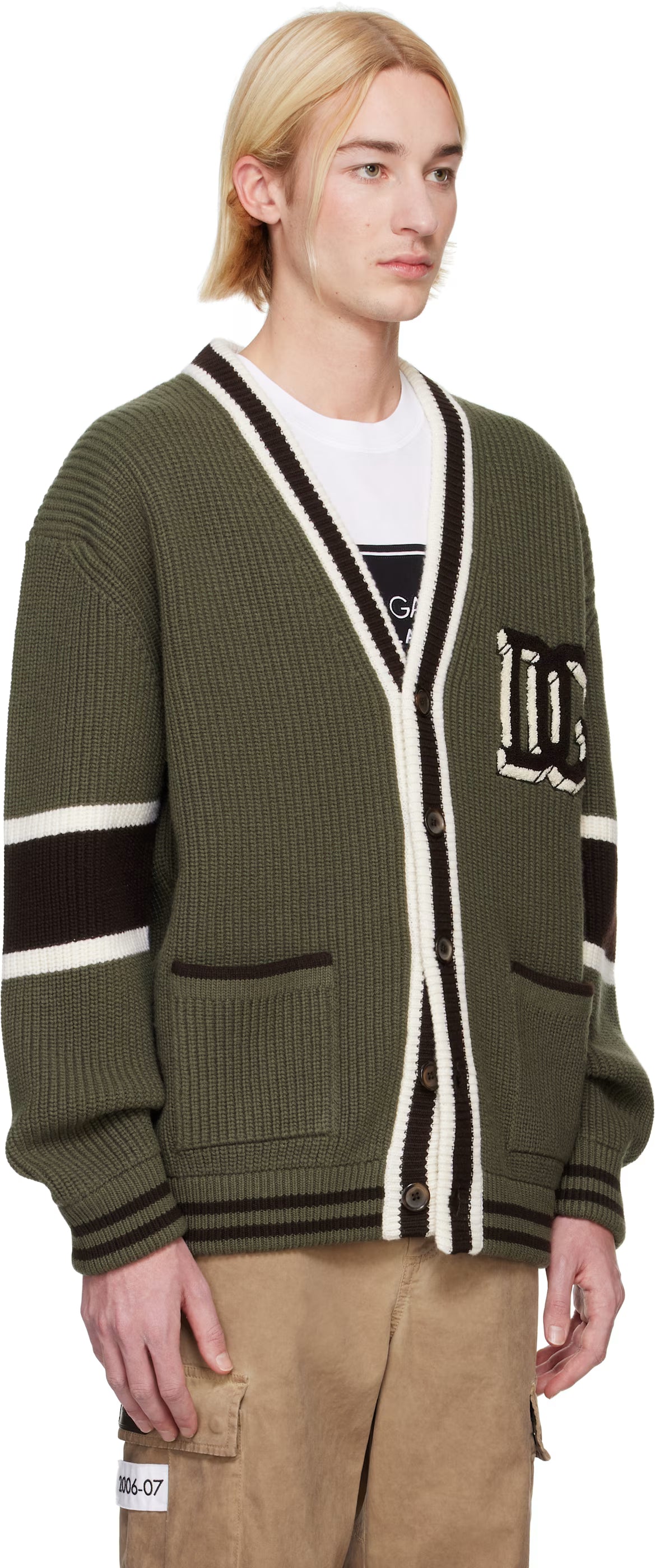 Dolce&Gabbana Khaki Wool Fisherman's Rib-Knit Cardigan