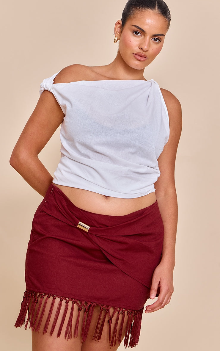 Plus Chocolate Linen Gold Trim Tassle Hem Mini Skirt