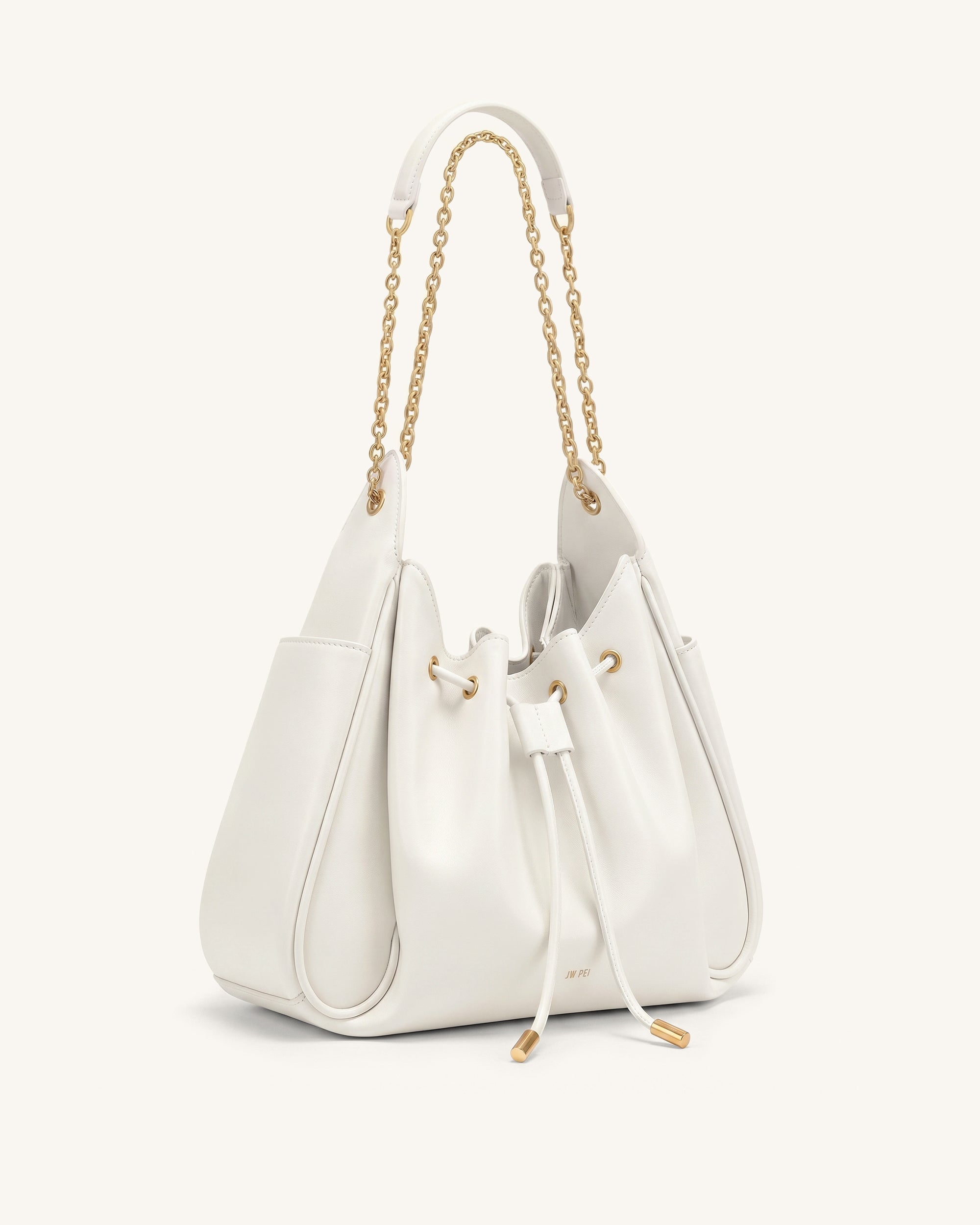 Rowan Ruched Drawstring Chain Bucket Bag - Ivory