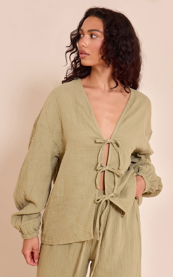 Khaki Cheesecloth Textured Tie Front Shirt