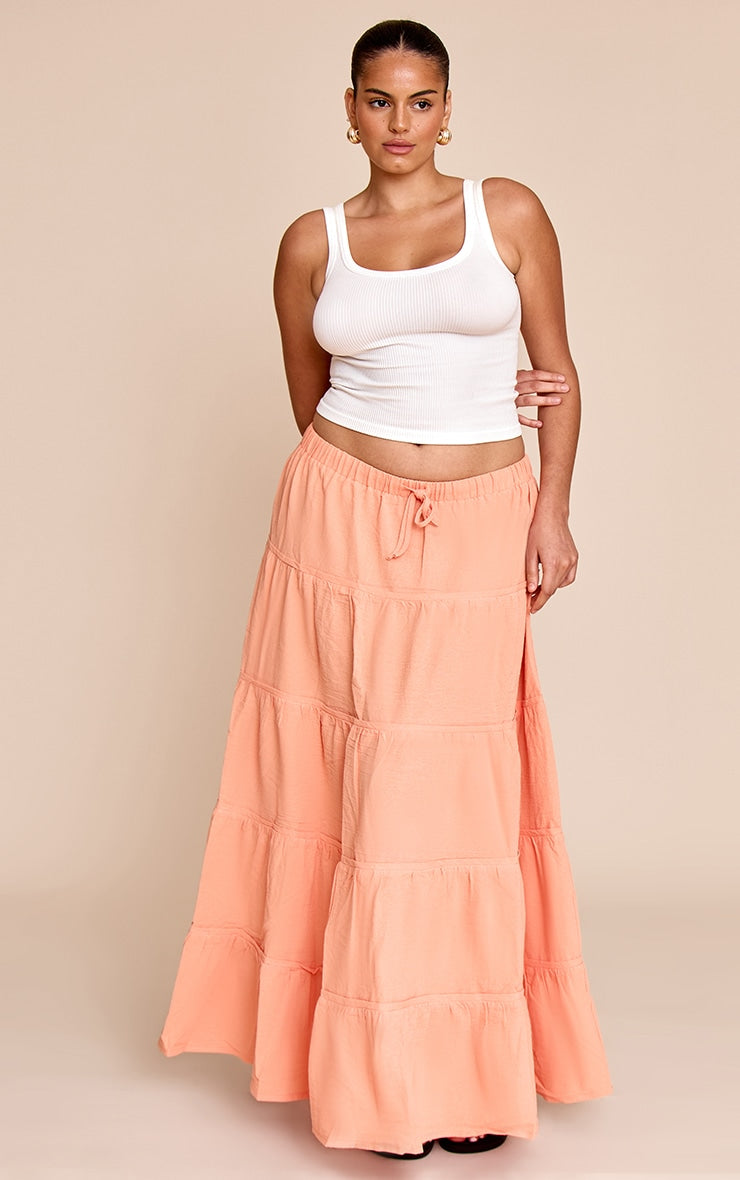 Plus Peach Cotton Tiered Drawstring Waist Maxi Skirt