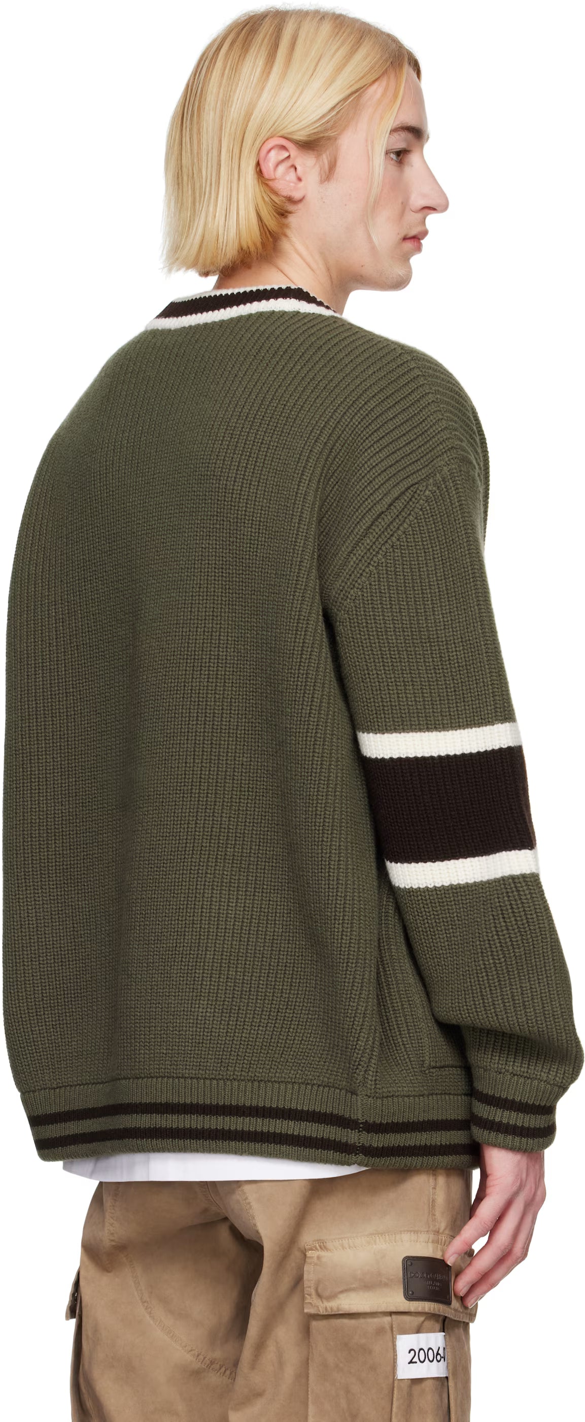 Dolce&Gabbana Khaki Wool Fisherman's Rib-Knit Cardigan
